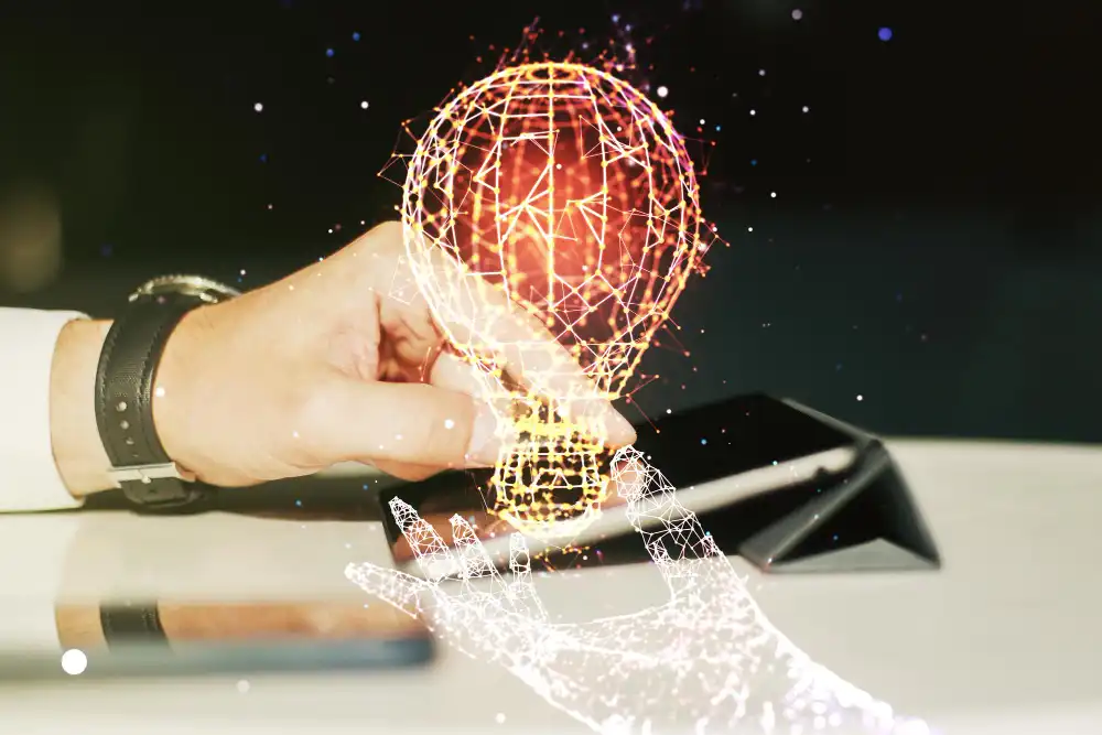 Modern startup ecosystem featuring blockchain networks and AI neural networks interconnected with business innovation elements